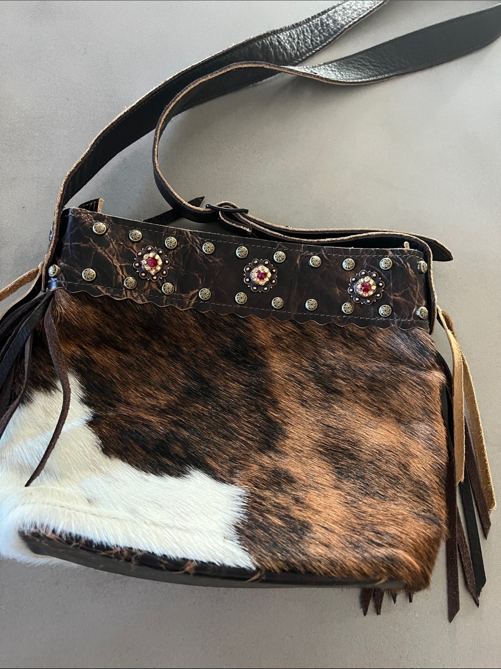 Cowhide Fringe Crossbody Bag with Stud and Jewel Accents in Brown and White